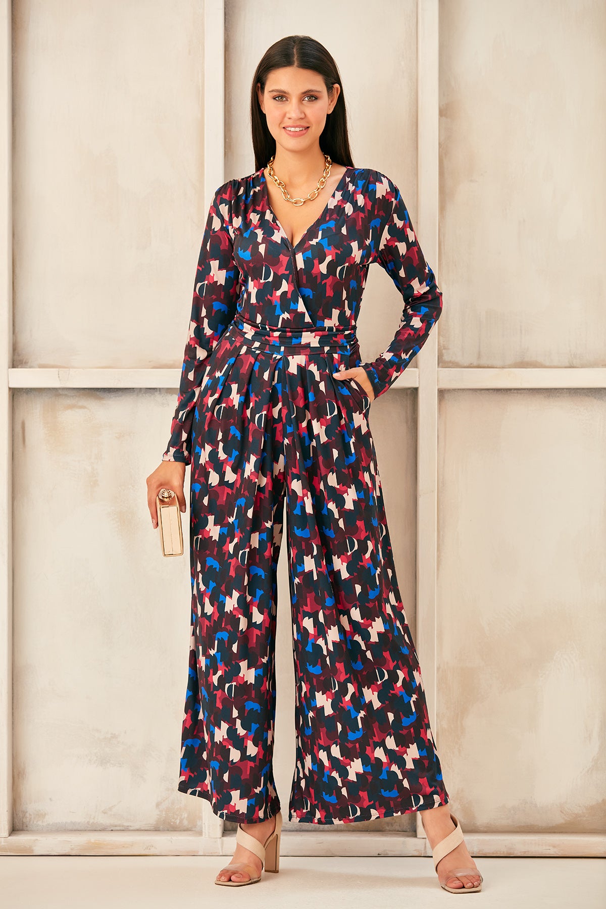 Wrap, Cullotte Jump Suit in Burgundy Geo Print  Size 10