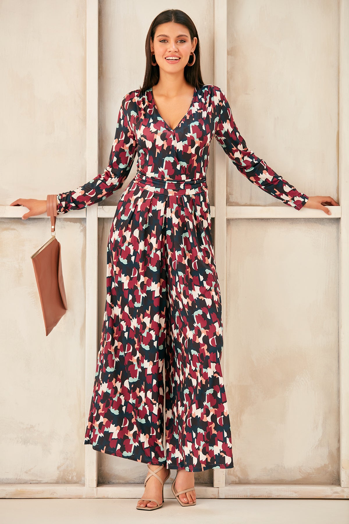 Wrap, Cullotte Jump Suit in Burgundy Geo Print  Size 10