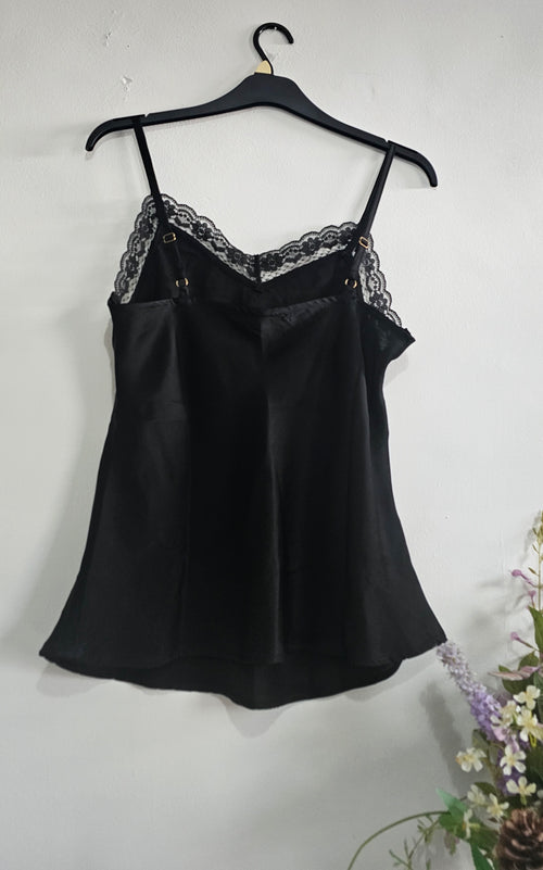 Black Satin Lace Trim Cami Top – Adjustable Straps | Size L