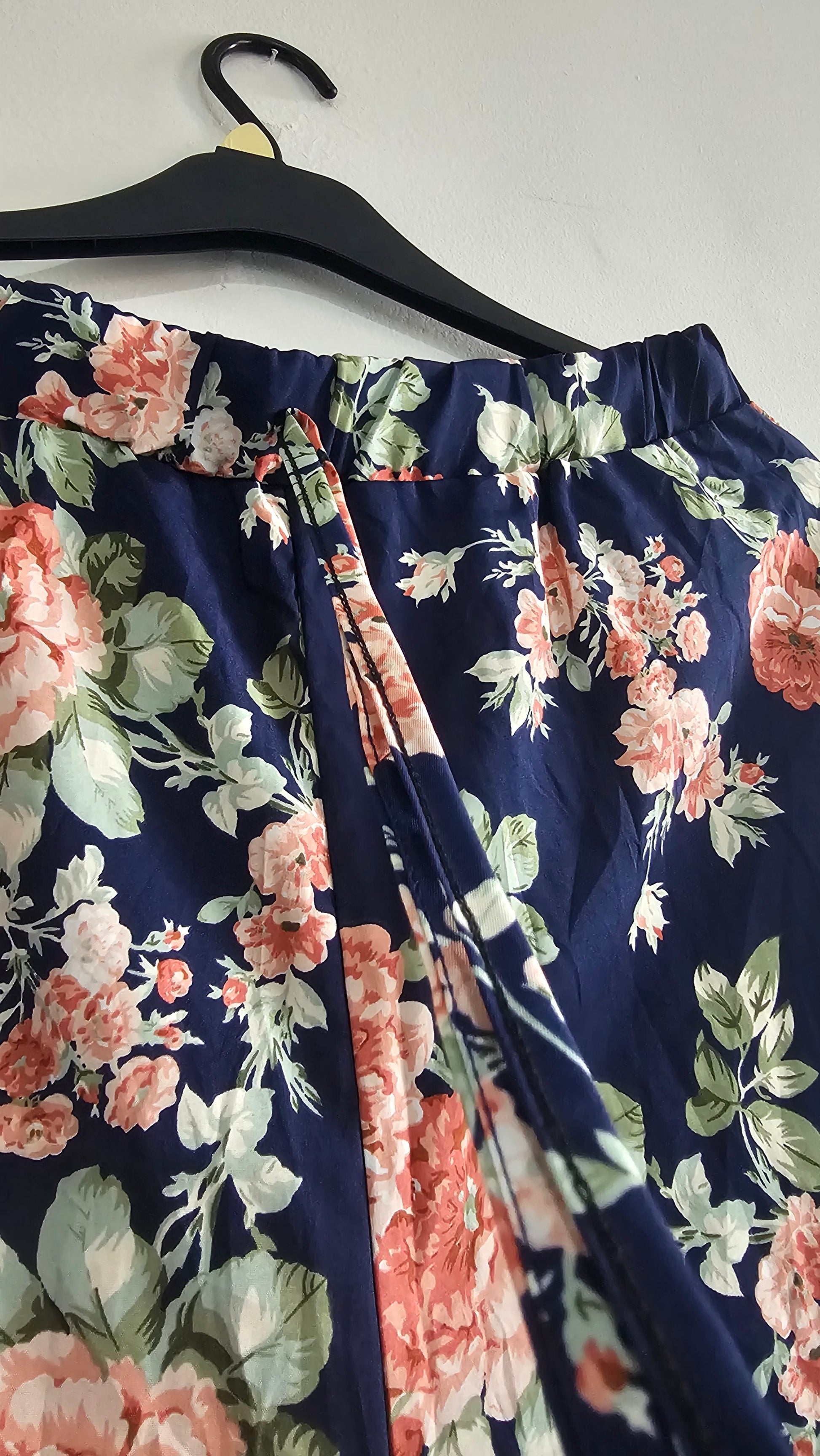 Navy Floral Print Wide-Leg Trousers – Size XXL | Lightweight Summer Pants