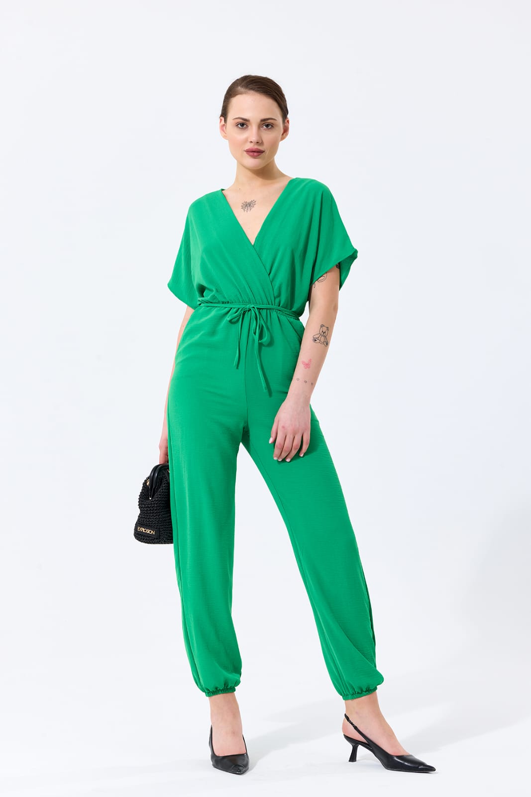 Batwing Sleeve Elasticated
Waist Jumpsuit in Green