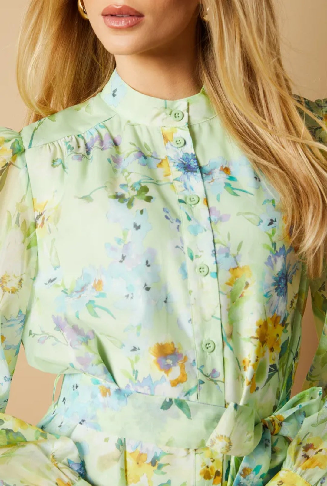 Oasis Sage Floral Organza Mini Shirt Dress