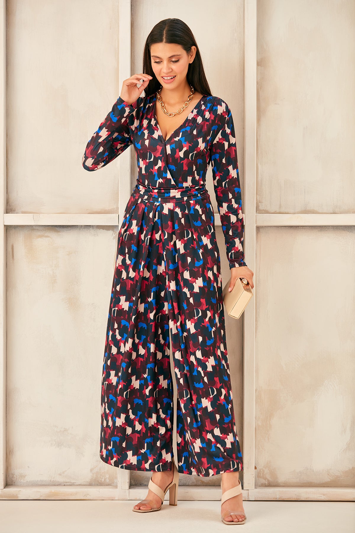 Wrap, Cullotte Jump Suit in Burgundy Geo Print  Size 10