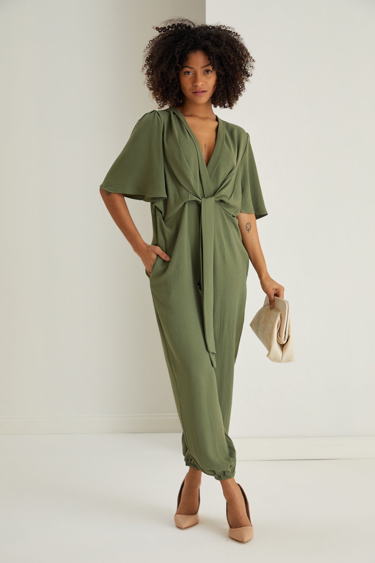 Jessica Angel Sleeve Wrap Jumpsuit in Khaki