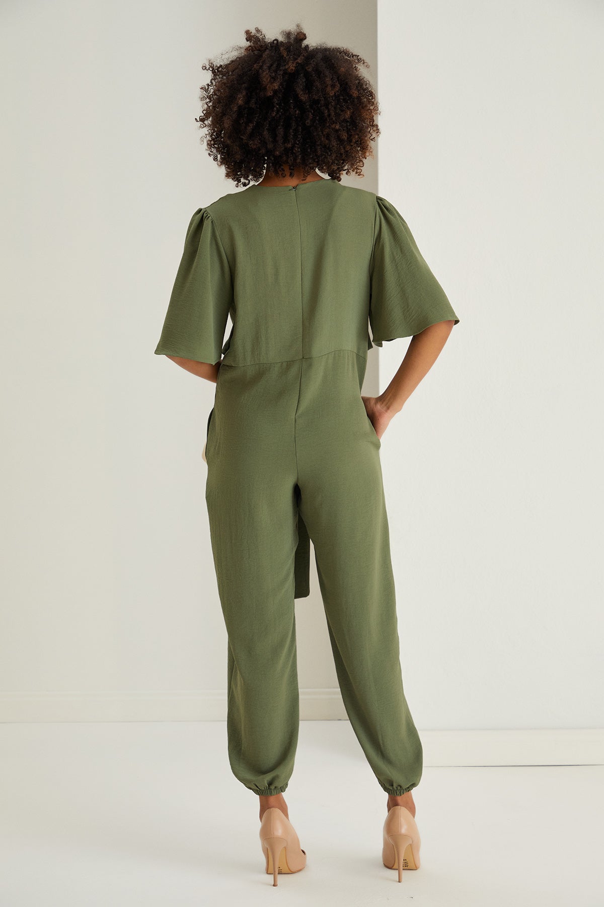 Jessica Angel Sleeve Wrap Jumpsuit in Khaki