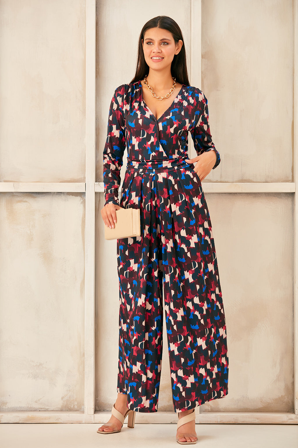Wrap, Cullotte Jump Suit in Burgundy Geo Print  Size 10
