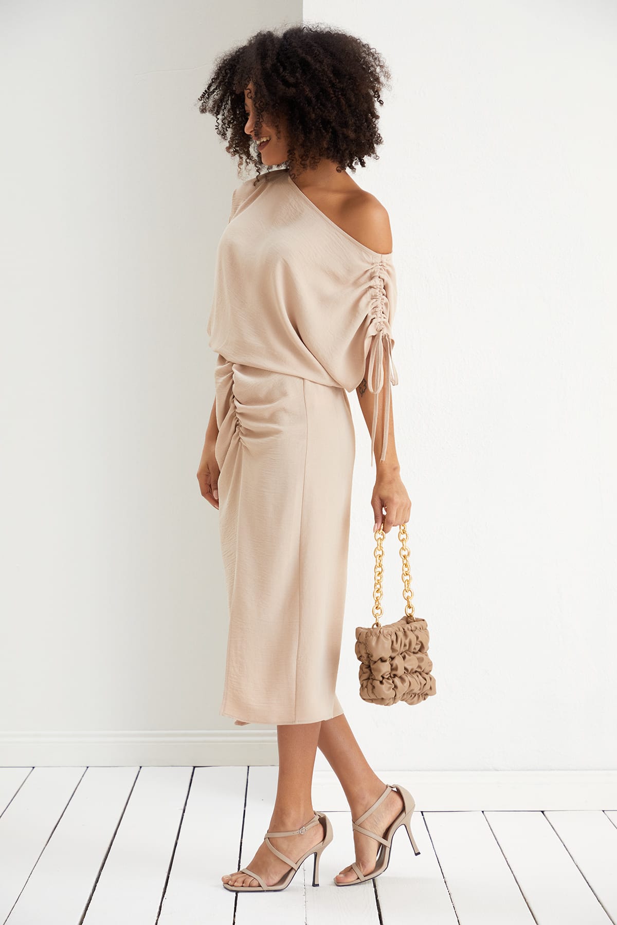 Off Shoulder Beige Midi Dress | Elegant Ruched Midi | Size 14