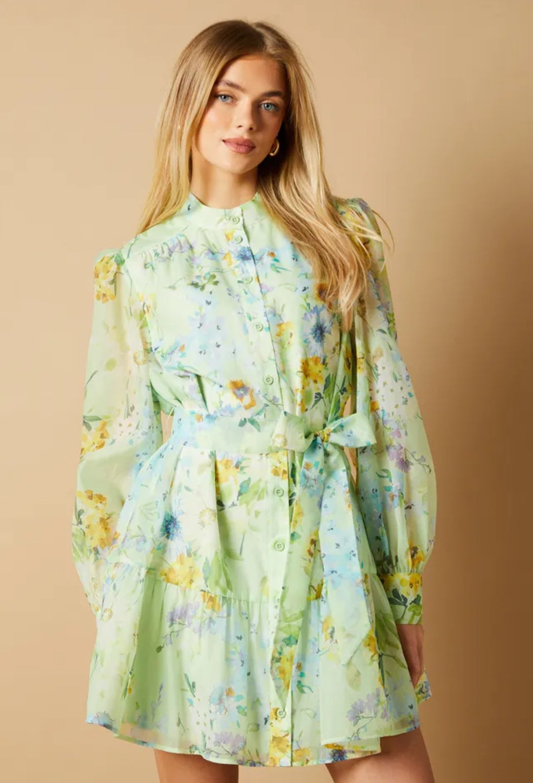 Oasis Sage Floral Organza Mini Shirt Dress