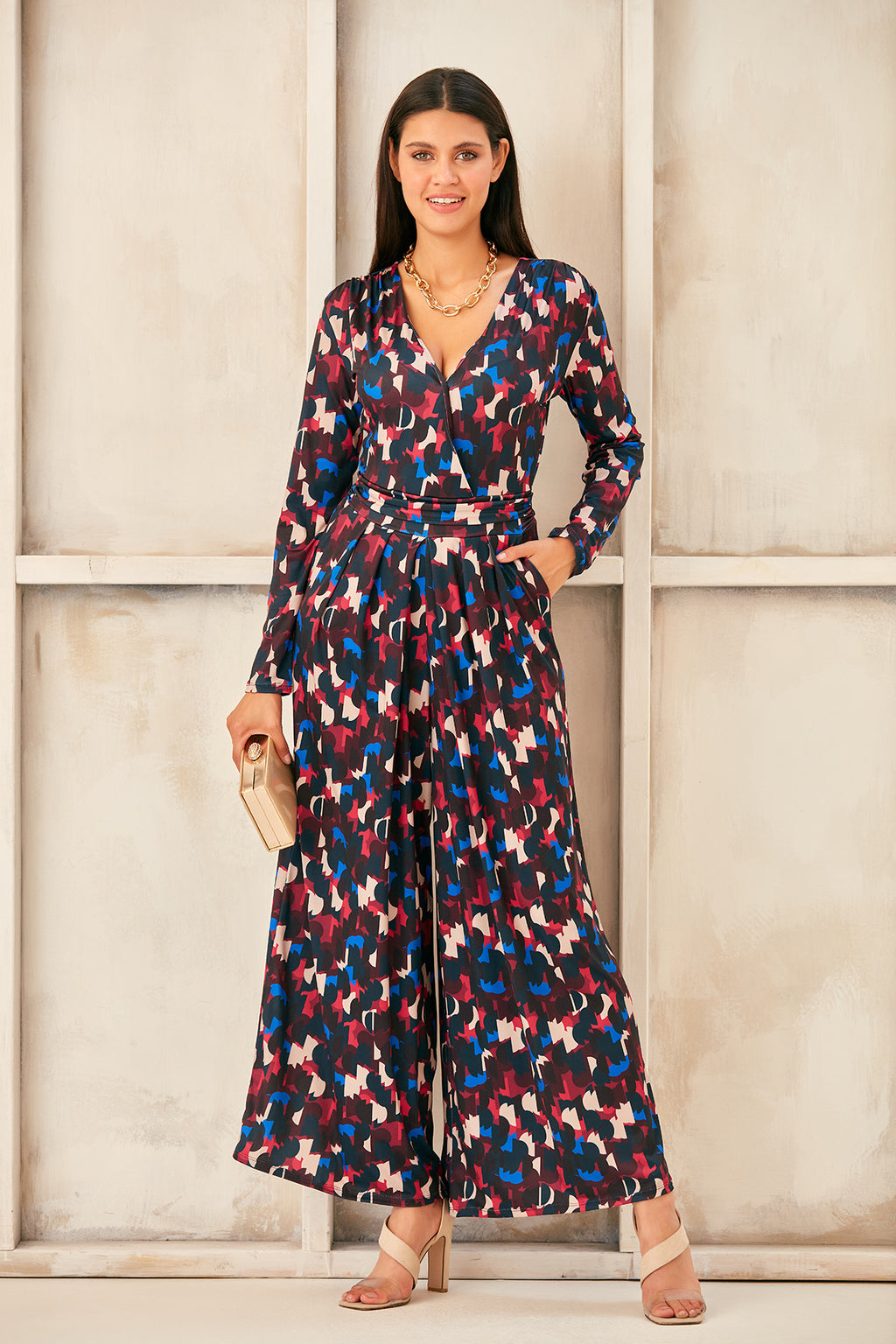 Wrap, Cullotte Jump Suit in Burgundy Geo Print  Size 10