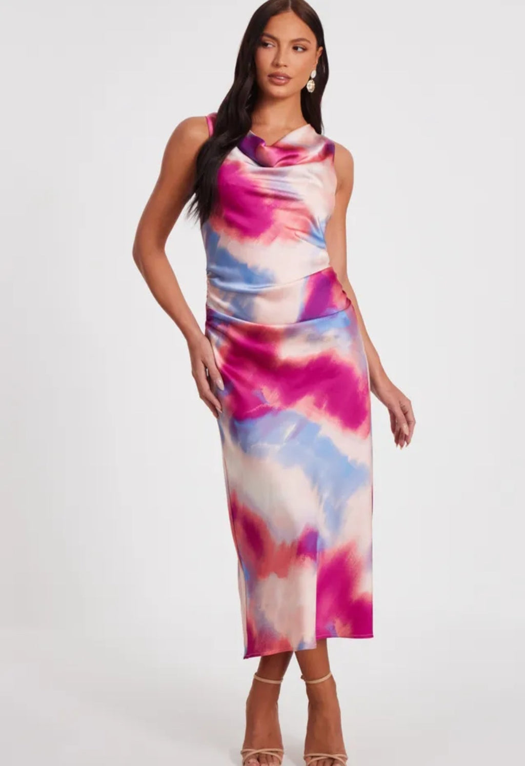 Quiz Pink Satin Tie Dye Midi Dress | Size 16